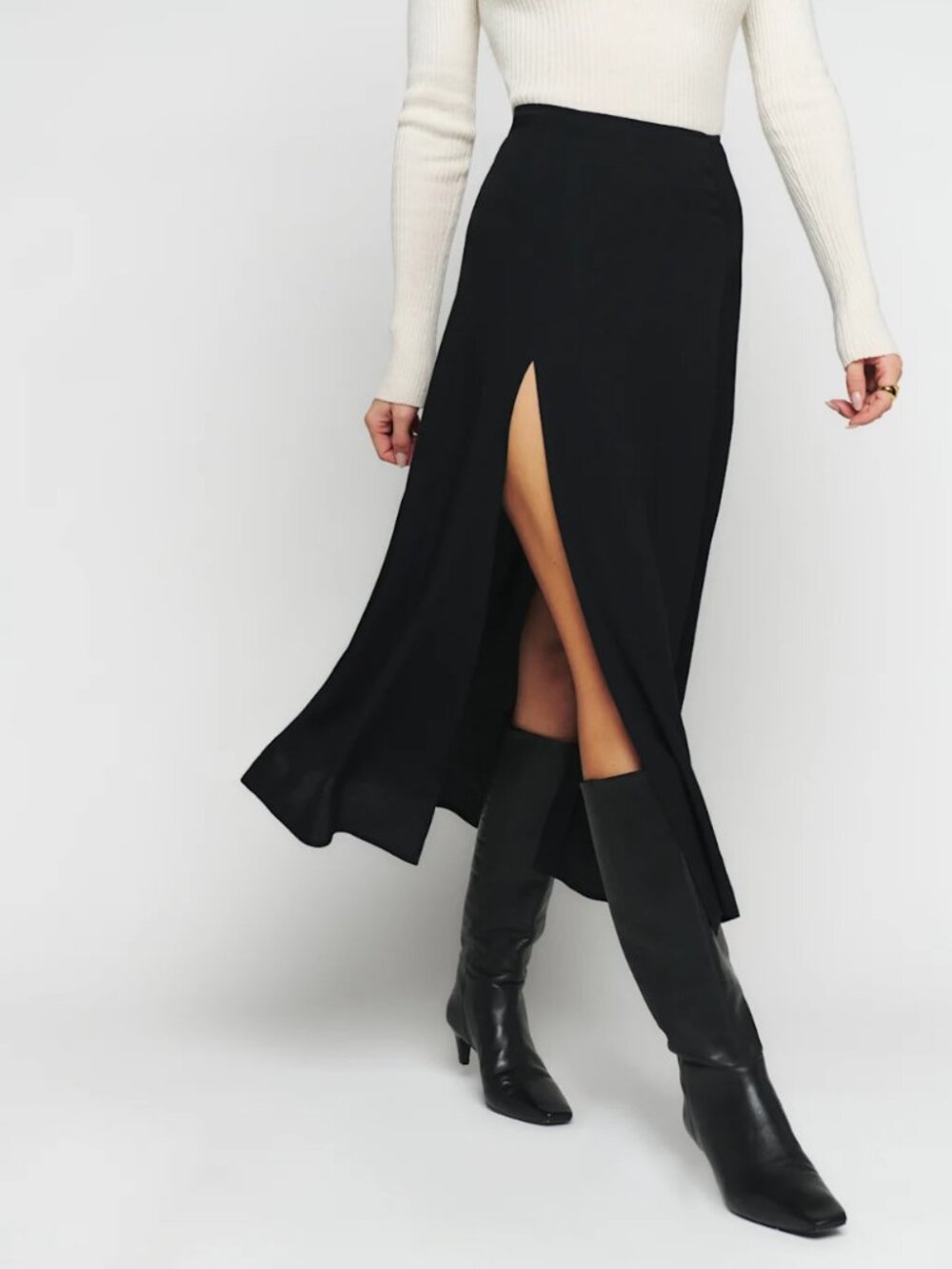 Reformation Black Ribbed High Slit Knit Maxi Skirt Tencel Spandex Blend Small - Picture 2 of 10